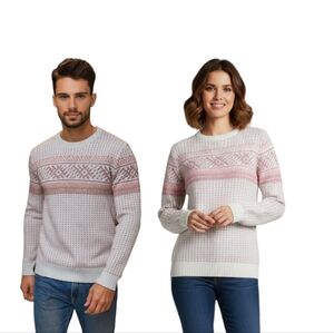 Merona Nordic Cotton Fair Isle Geometric Crew Neck Sweater Beige/Pink Pullover M
